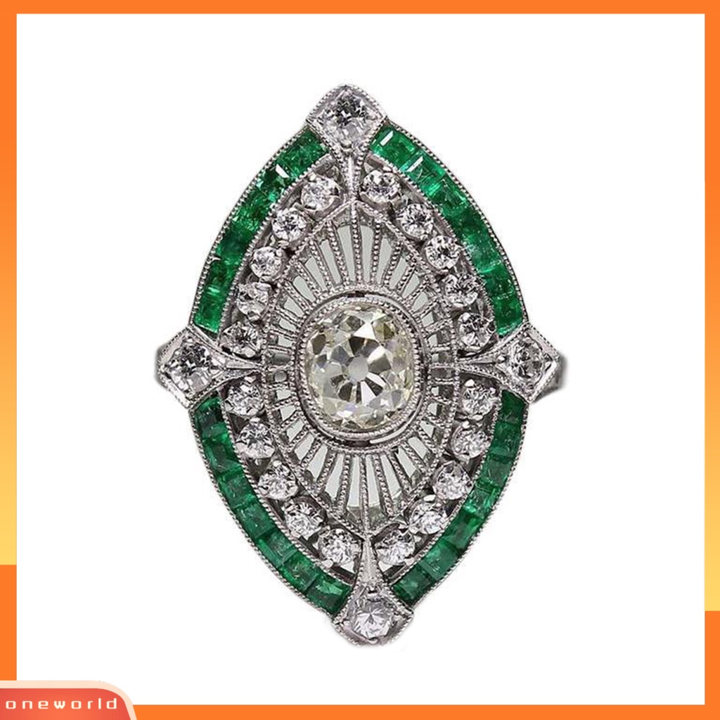 [EONE] Wanita Cincin Berlian Imitasi Mengkilap Hias Two-tone Geometri Electroplating Art Deco Hadiah Natural Emerald Faux Gemstone Engagement Wedding Ring Untuk Anniversary