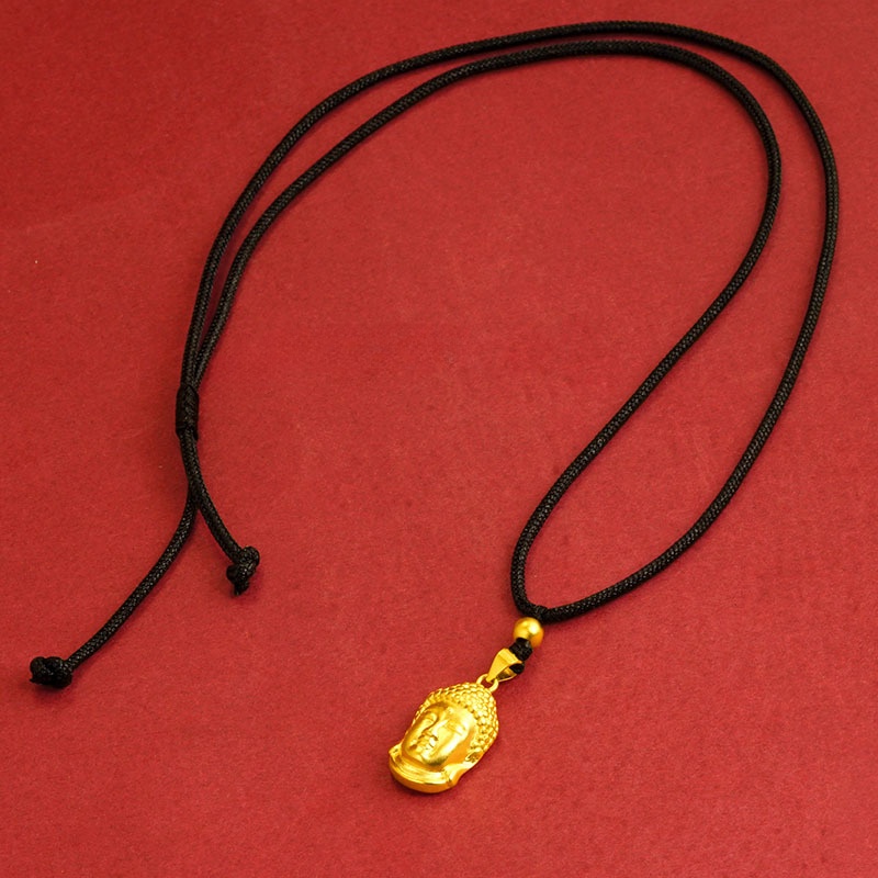 Goldkingdom Perhiasan Fashion 24K Bangkok Aksesoris Ready Stock Liontin Kepala Buddha Antik Dengan Tali Hitam Kalung Maitreya Yang Dapat Disesuaikan