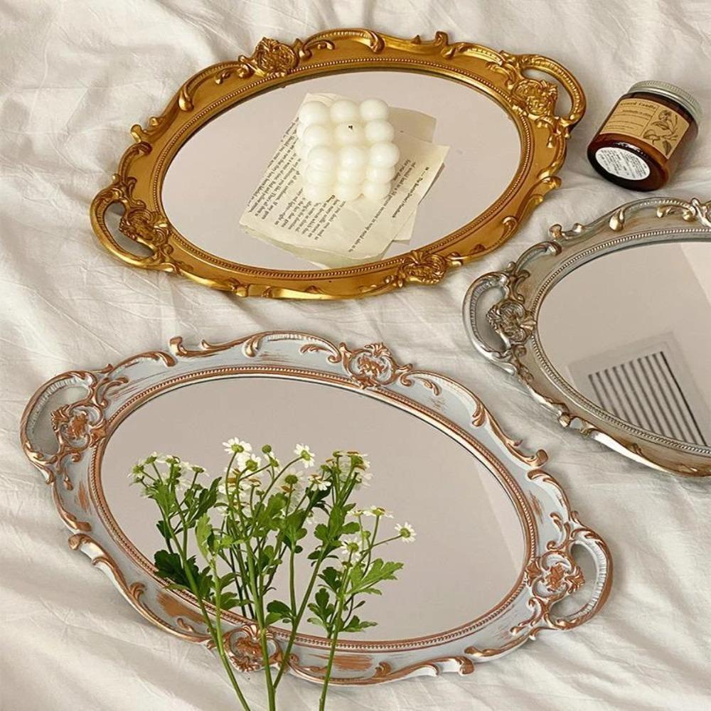 Populer Piring Oval Home Supply Display Perhiasan Rotary Mirror Properti Fotografi Hias Retro Cermin Rias