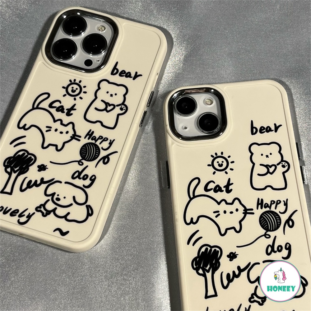 IPHONE Case Ponsel Kartun Hewan Grafiti Garis Lucu Untuk Iphone14 13 11 Pro Max 12 Pro Max Perlindungan Kamera Metal Hybrid Phone Cover