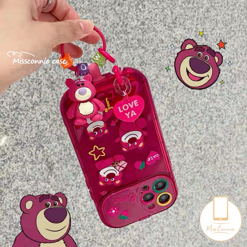 Flip Make Up Mirror Case Untuk Oppo A57 A12 A7 A15 A15s A3s A5s A53 A9 A5 A31 A33 2020 A77 A35 A77S A11K Rose Red Kartun Lucu Strawberry Bear Manyo Shockproof Soft Phone Cover