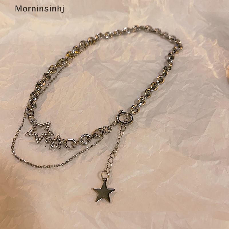 Mornin Shiny Star Layered Tassel Choker Necklace Y2k Perhiasan Untuk Wanita Fashion Pentagram Warna Perak Rantai Zirkon Pesona Necklaces id