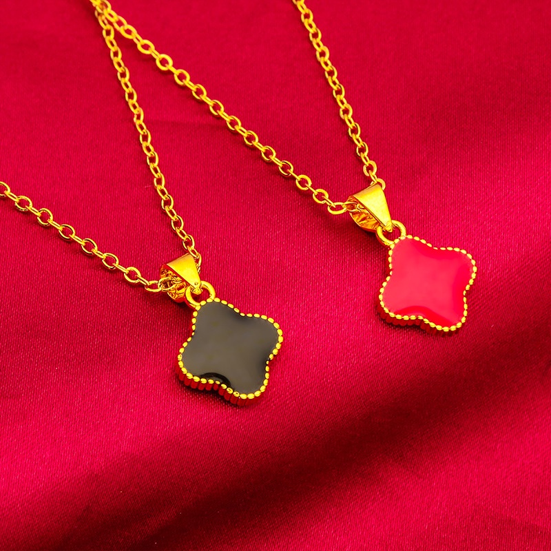 Goldkingdom Aksesoris Perhiasan Fashion Ready Stock Wanita Merah Hitam Tetes Minyak Semanggi Liontin Kalung