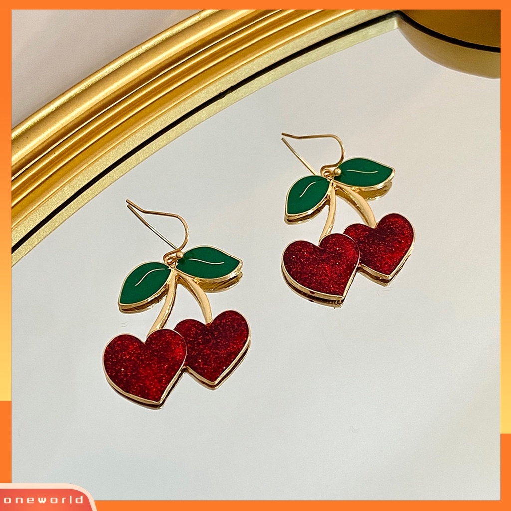 [EONE] 1pasang Anting Kait Lucu Bentuk Buah Daun Hijau Tetesan Minyak Cherry Merah Wanita Drop Earrings Fashion Perhiasan