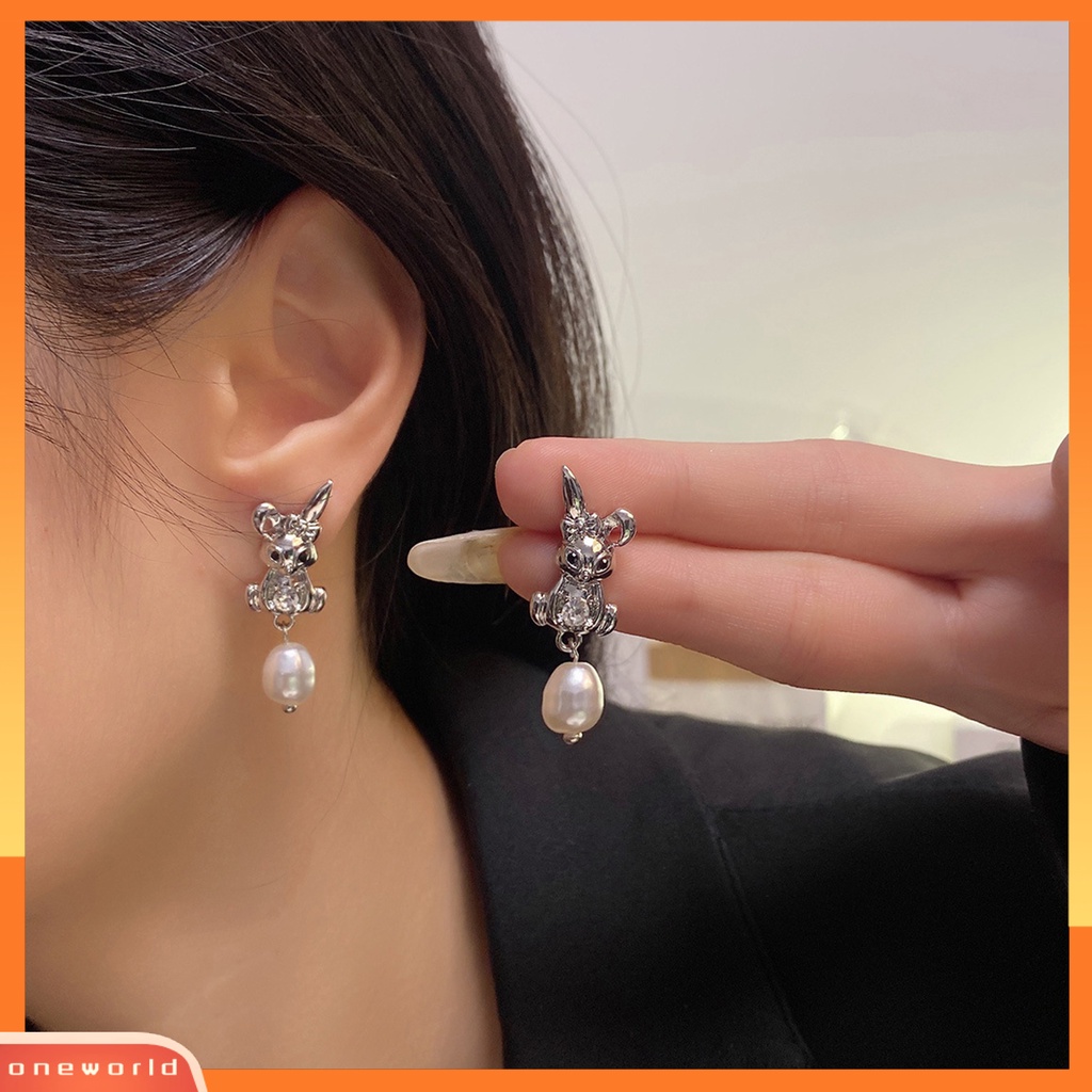 [EONE] 1pasang Menjuntai Anting Mutiara Imitasi Lucu Manis Hypoallergenic Logam Berlian Imitasi Bertatahkan Kelinci Stud Earrings Fashion Perhiasan