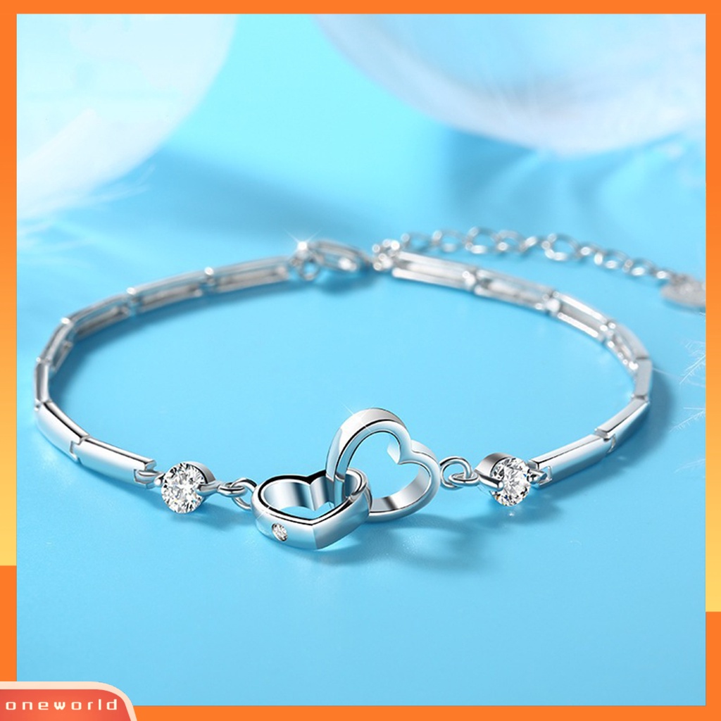 [EONE] Gelang Eye-catching Pengerjaan Halus Tembaga Menawan Wanita Rantai Tangan Hati Ganda Untuk Kekasih