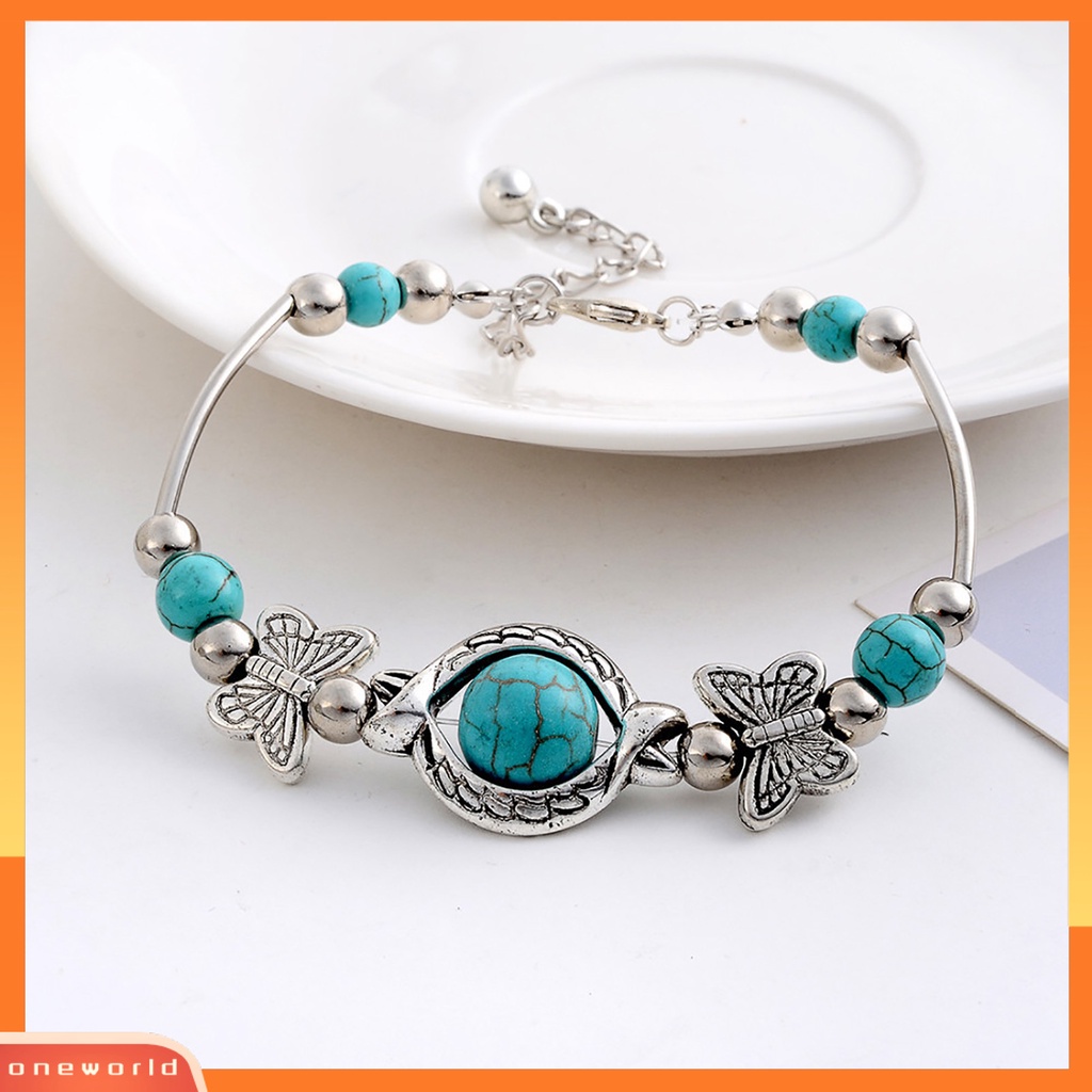 [EONE] Kupu-kupu Dekorasi Adjustable Unisex Gelang Alloy Handmade Turquoises Beads Retro Gelang Perhiasan Aksesoris