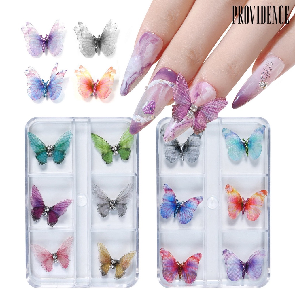 Providence 6Pcs Dekorasi Kuku 3D Tampilan Realistis Warna Vibrant Mempesona Efek Visual Dapat Dilepas Aplikasi Lebar Nail Art Aksesoris Butterfly 3D Dekorasi Kuku Untuk Salon Kuku