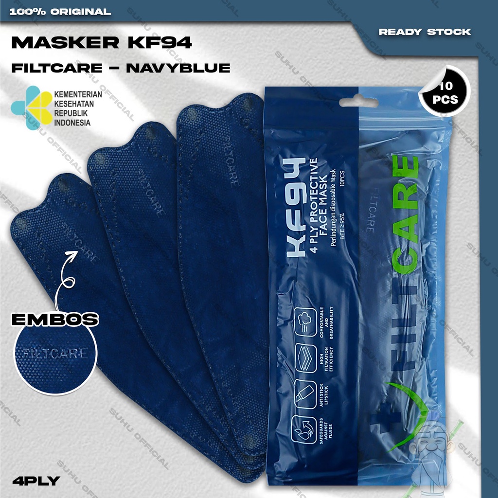 Masker KF94 FILTCARE 4Ply isi 10Pcs Navy Blue Biru Dongker KF 94 4 Ply Earloop Surgical Mask Kemenkes