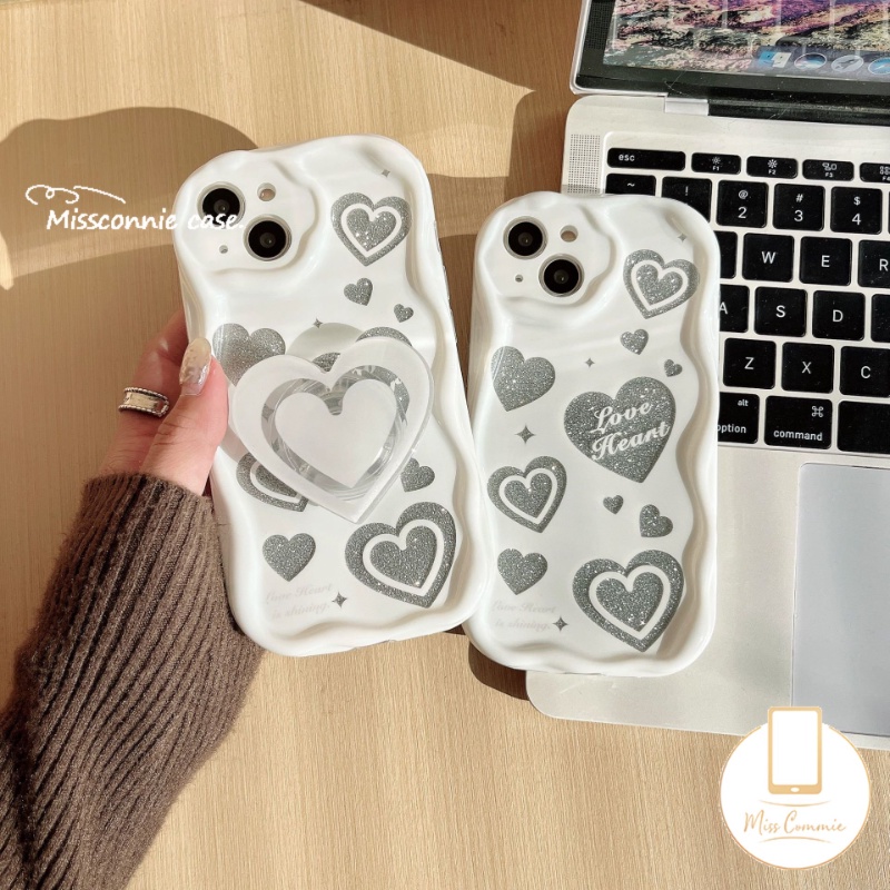 IPHONE Casing Ponsel 3D Wavy Curved Edge Glossy Kompatibel Untuk Iphone7 8 6s 6 Plus11 12 13 14 Pro Max XR X XS Max SE 2020 White Shiny Love Heart Shockproof Tpu Soft Cover