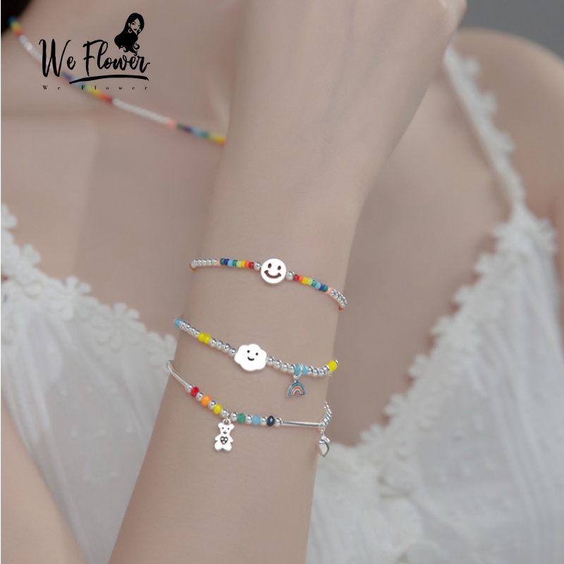 We Flower Gelang Rantai Manik-Manik Warna-Warni Pelangi Motif Hati Beruang Smiley Face Bahan Resin Untuk Wanita