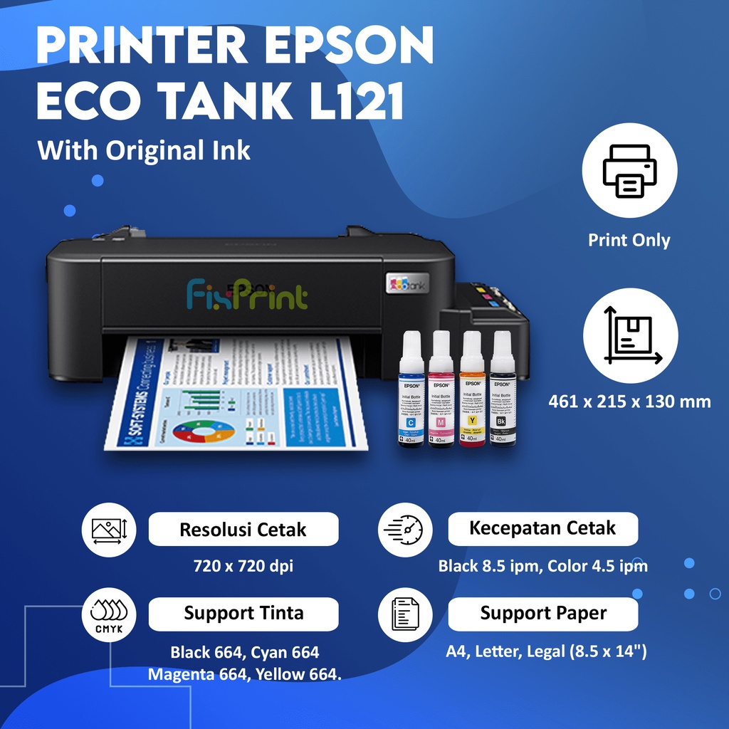 Printer Epson L120 / L121 Ink Tank Infus Pabrik With Tinta Original 664 T664 Black Cyan Magenta Yellow Print Foto Photo Pengganti Epson L120