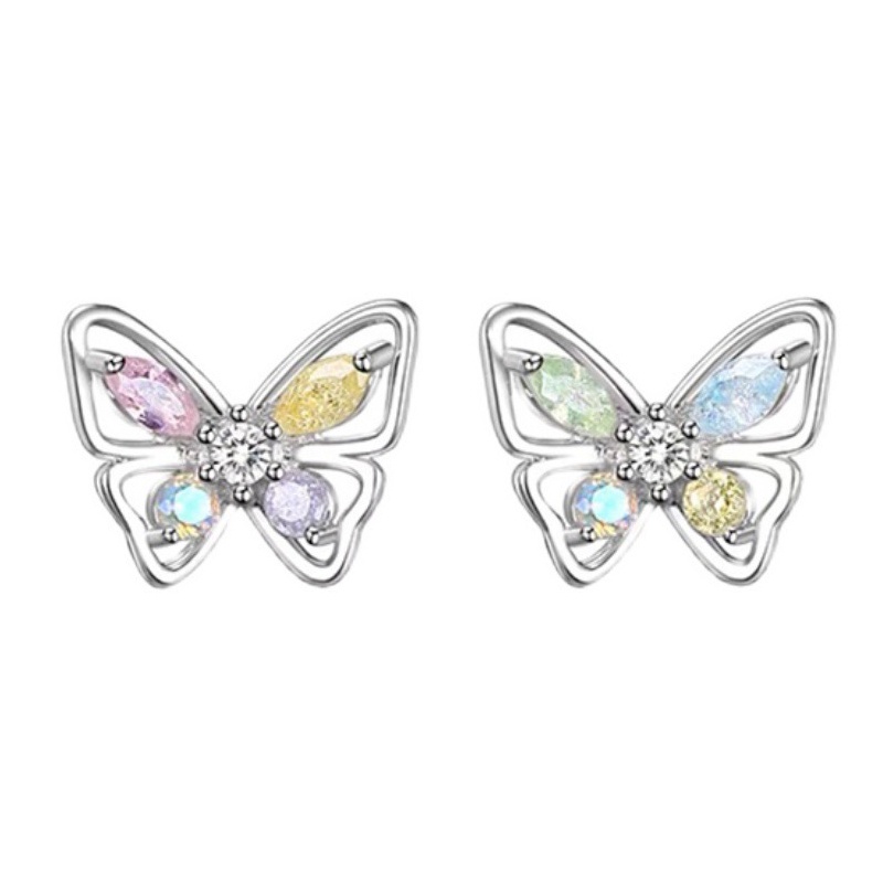 Ay (CN) Anting Tusuk Kristal Warna-Warni Butterfly Silver Earrings Untuk Aksesoris Perhiasan Wanita