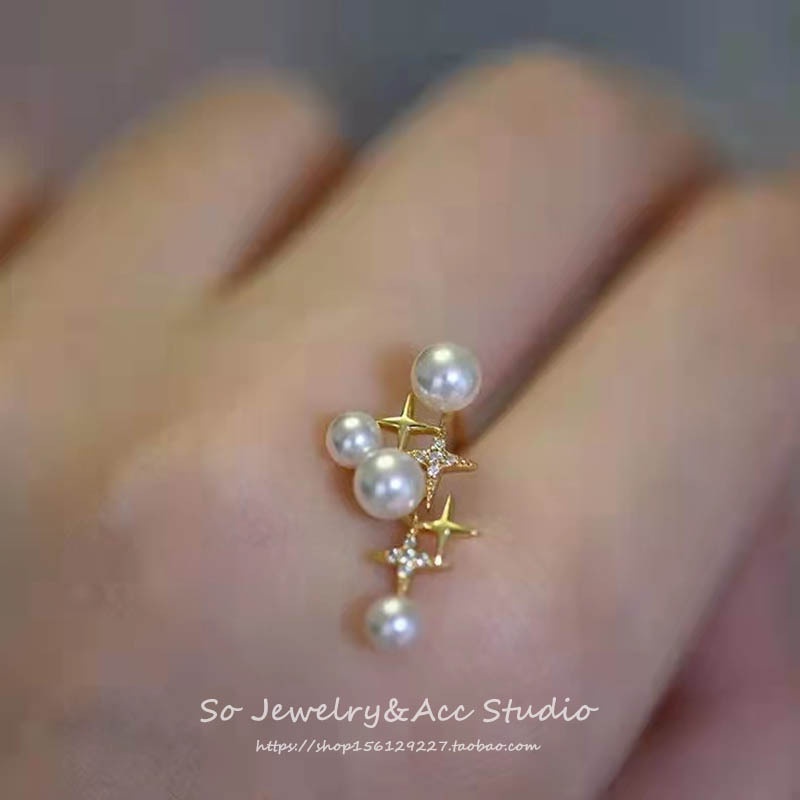 S925 sterling silver Anting Bintang Mutiara Wanita Serbaguna Tinggi -Tingkat retro Temperamen Anting Perempuan