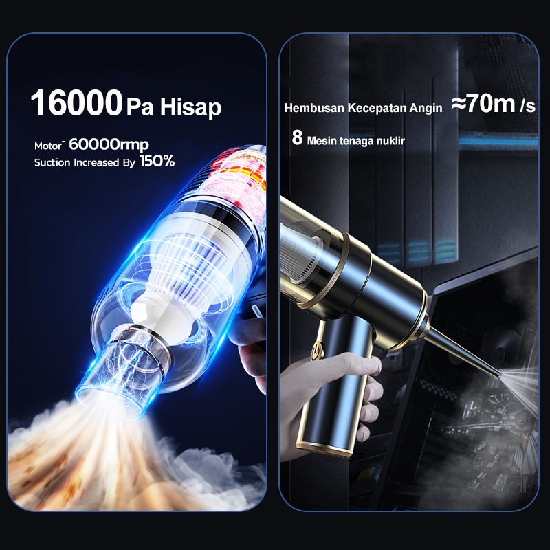 16000Pa Wireless Vacum Cleaner 60000rmp Air Duster Blower Portable Penyedot Debu Mobil Kuat 4 in 1 Vacuuming/Blowing/Inflating/Lighting Mini Penghisap Debu Tanpa Kabel Vacuum cleaner Electric Air Pump Portable Rechargeable Air Cleaner