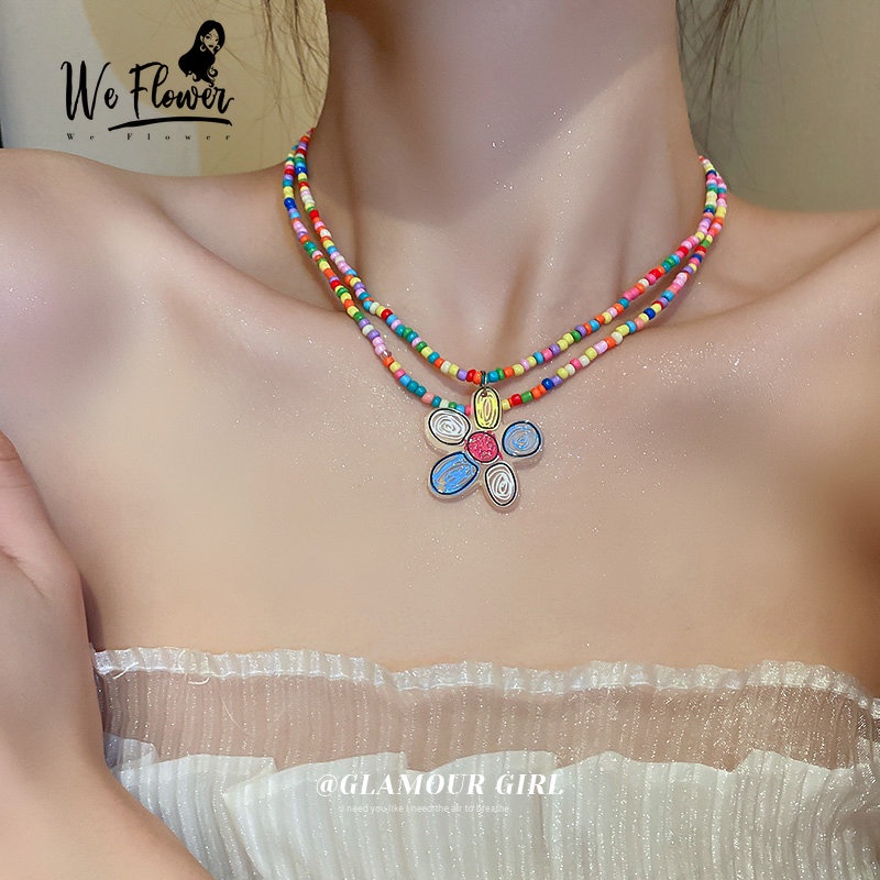 Kami Bunga Y2K Double Layer Warna-Warni Manik-Manik Rantai Bunga Matahari Liontin Kalung Untuk Wanita Perempuan Musim Panas Fashion Pelangi Kupu-Kupu Bunga Kalung Liburan Perhiasan