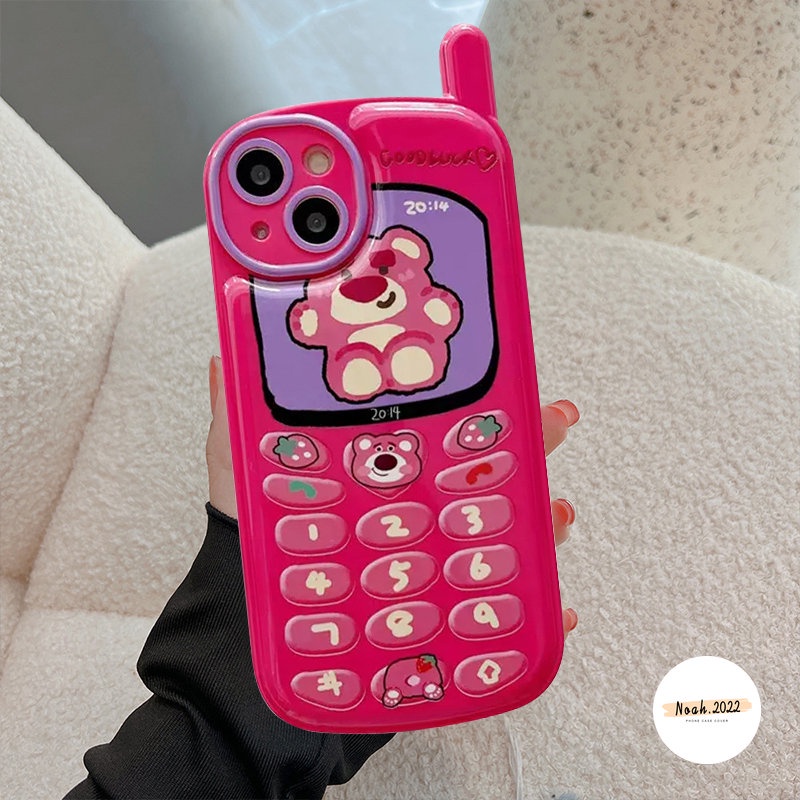 IPHONE Casing Kompatibel Untuk Iphone11Xr 78 Plus 12 13 14 11 Pro MAX X XS MAX SE 2020 Kartun Lucu Strawberry Bear Manyo Kepribadian Retro Bentuk Ponsel Ponsel Lembut Glossy Phone Cover