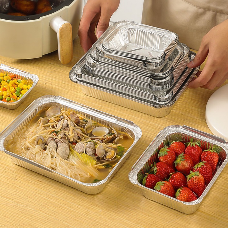 10pcs Nampan Foil Kaleng Aluminium Foil Sekali Pakai/Wadah Kukus BBQ Tahan Suhu Tinggi Persegi Panjang Tahan Minyak
