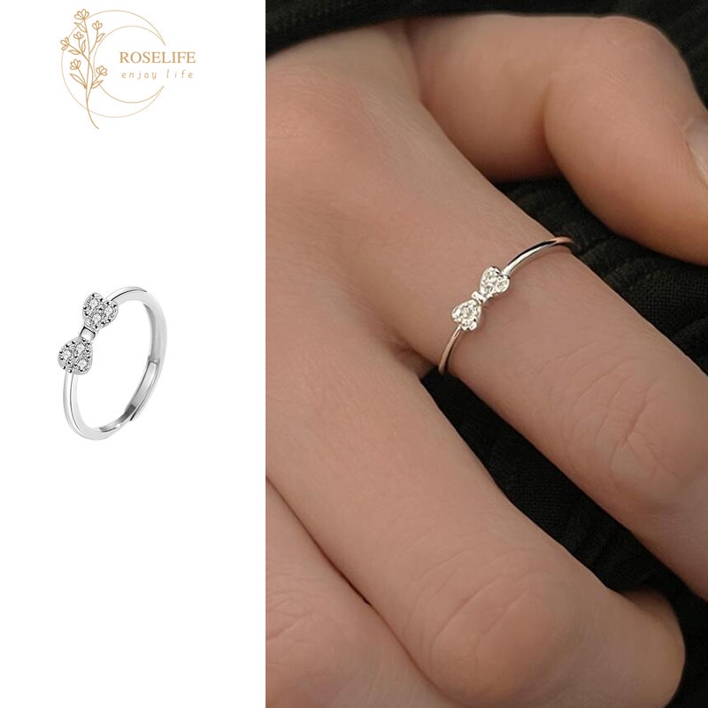 Roselife S925 Perak Halus Zirkon Busur Cincin Untuk Wanita Gadis Elegan Kristal Ikatan Simpul Rings Engagement Dinner Pesta Fashion Jari Perhiasan