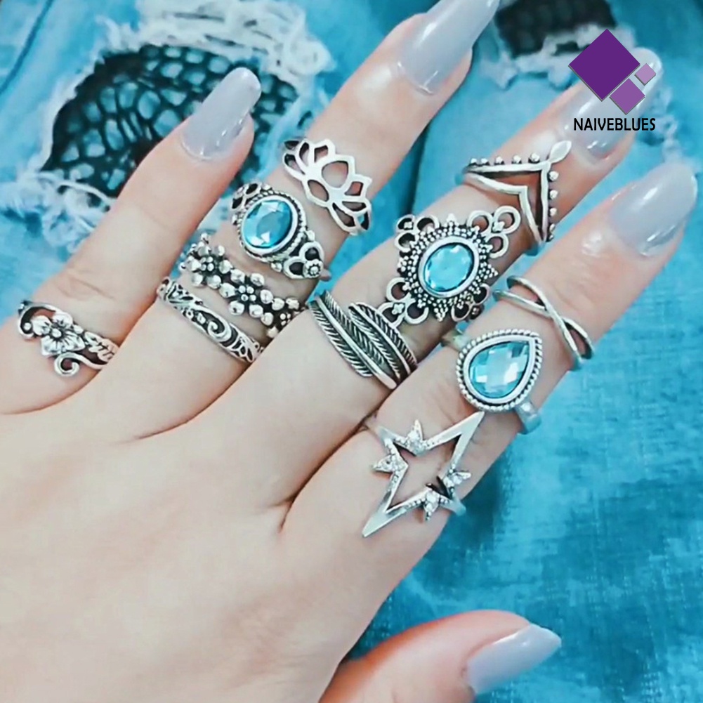 &lt; Naiveblues &gt; 11Pcs Wanita Retro Berongga Berlian Imitasi Knuckle Midi Finger Tip Joint Ring