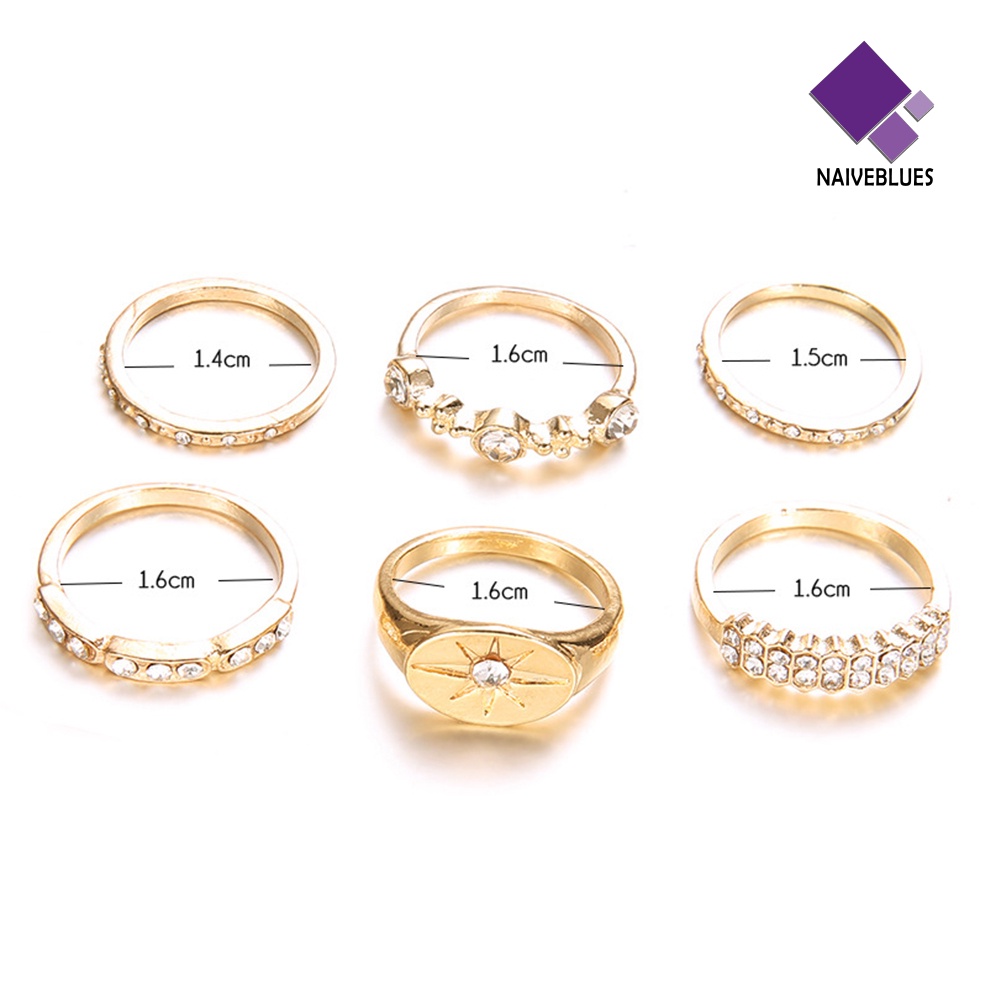 &lt; Naiveblues &gt; 6Pcs/Set Fashion Wanita Matahari Berlian Imitasi Bertatahkan Jari Cincin Perhiasan Pesta