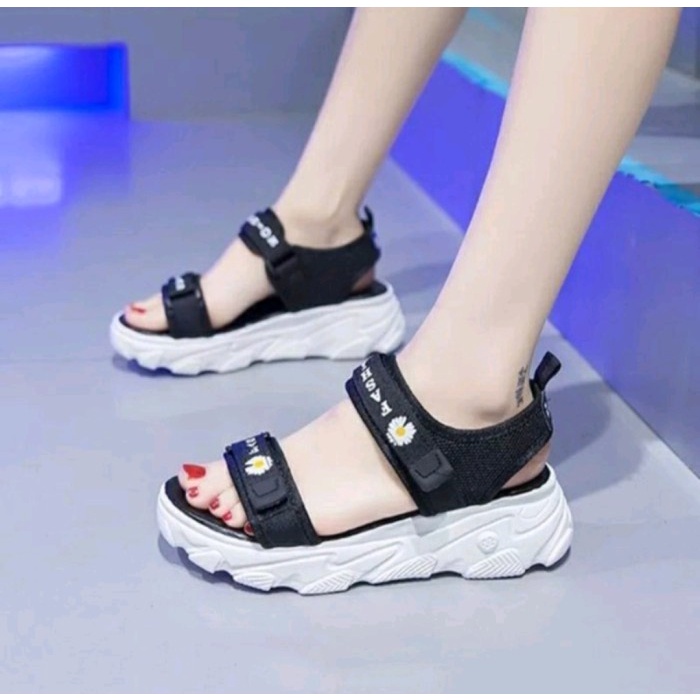Sandal Gunung Wanita KOREA DAISY MOTIF BUNGA FASHION - Hitam, 40