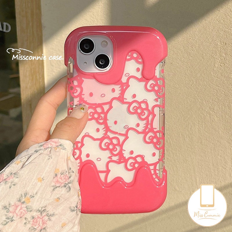 IPHONE Ins Ice Cream Lucu Kartun Seni Garis Hello Kitty Cat Phone Case Kompatibel Untuk Iphone11 14 12 13 Pro Max XR 7Plus X7 8 Plus XS Max SE 2020 Shockproof Soft Tpu Back Cover