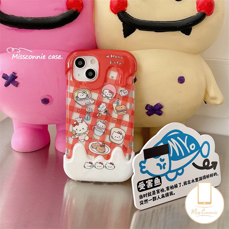 Ins Ice Cream Phone Case Kompatibel Untuk IPhone 7Plus 8Plus 11 14 12 13 Pro Max XR X7 8 Plus XS Max SE 2020 Kartun Indah Kisi Hello Kitty Kucing Shockproof Lembut Tpu Penutup Belakang