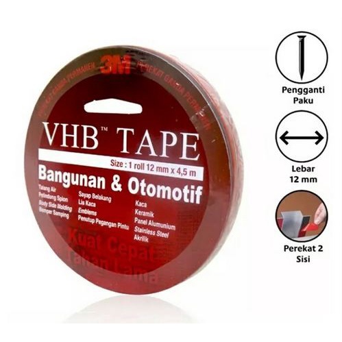 DOUBLE TAPE 3M VHB ORIGINAL 12 MM x 4.5 M perekat lem bolak balik