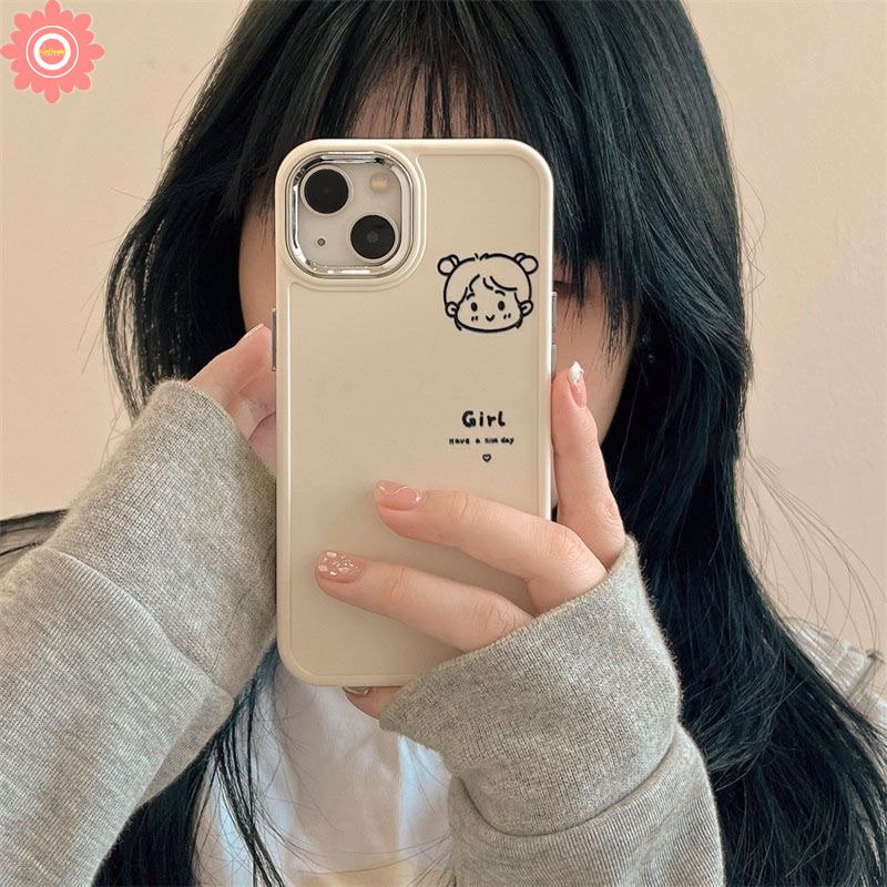 IPHONE Pasangan Cute Boy Girl Case Kompatibel Untuk Iphone7 8plus11 13 14 12 Pro MAX X XR 8plus XS MAX 7plus Bingkai Lensa Logam Plating Sederhana Lembut Tpu Penutup Belakang