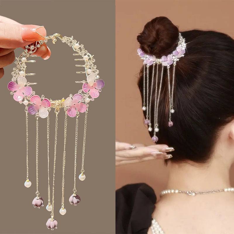 Korea Elegan Populer Amethyst Bunga Jepit Rambut Bola Kepala Ponytail Rambut Jepit Gesper Berlian Imitasi Mutiara Rumbai Hair Claw Artefak Untuk Wanita Ornamen