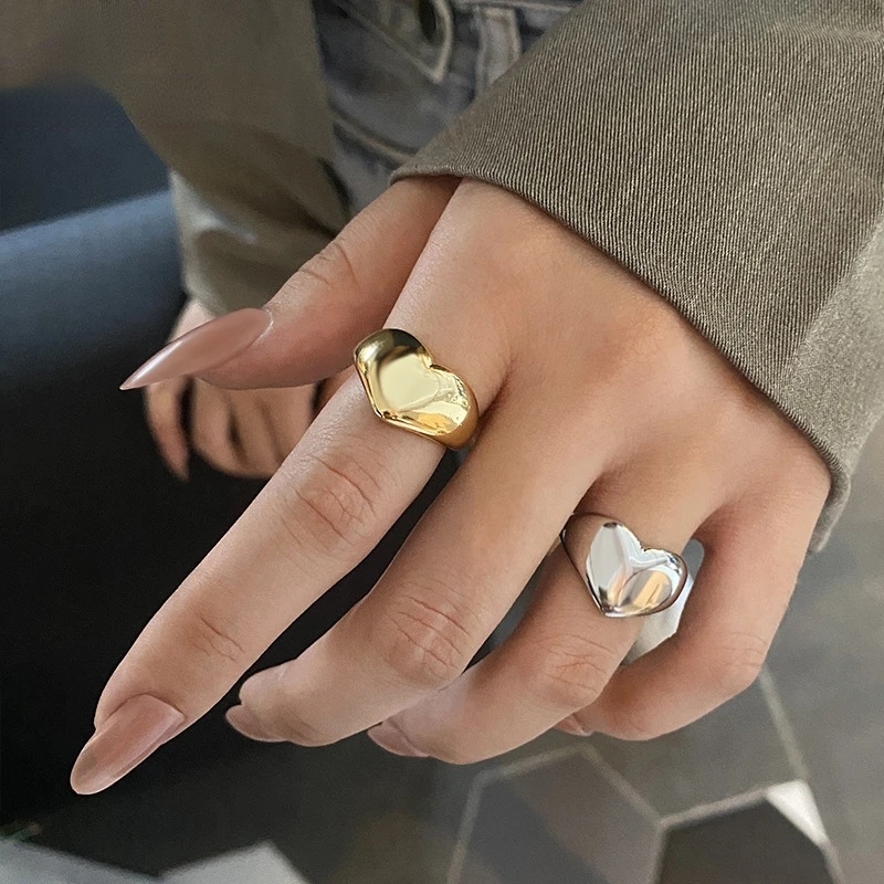 Kreatif Indah Wanita Warna Emas Perak Glossy Pembukaan Cincin Kepribadian Gadis Sederhana Cinta Hati Berbentuk Lebar Yang Dapat Disesuaikan Jari Cincin Perhiasan Hadiah