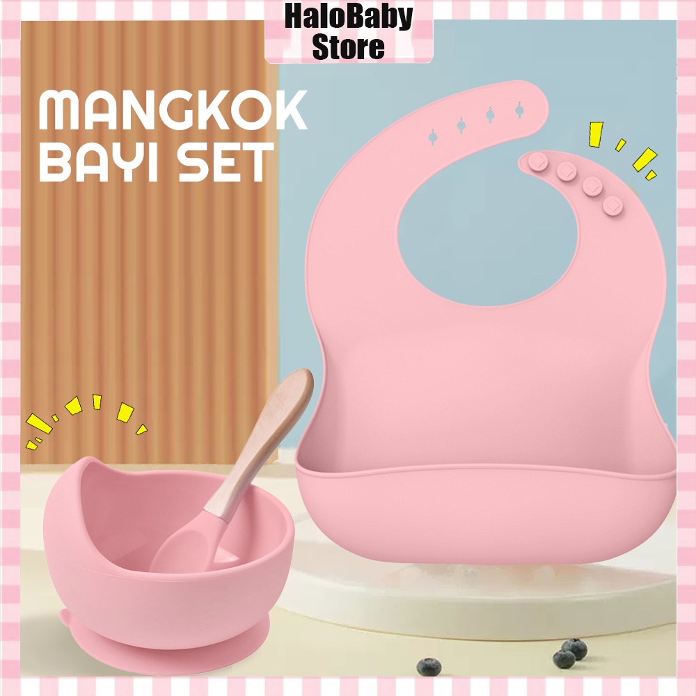 Halo Baby 3pcs Premium Baby Bibs/Mangkok Bayi Set Sendok Bib Warna Anti Slip Silikon BPA Free Waterproof/Mpasi Celemek Makan Bayi