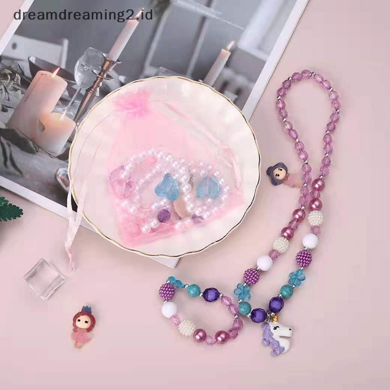 (drea) 1set Lucu Kartun Unicorn Hujan Kalung Gelang Untuk Gadis Lucu Liontin Aksesoris Fashion Mermaid Princess Perhiasan//