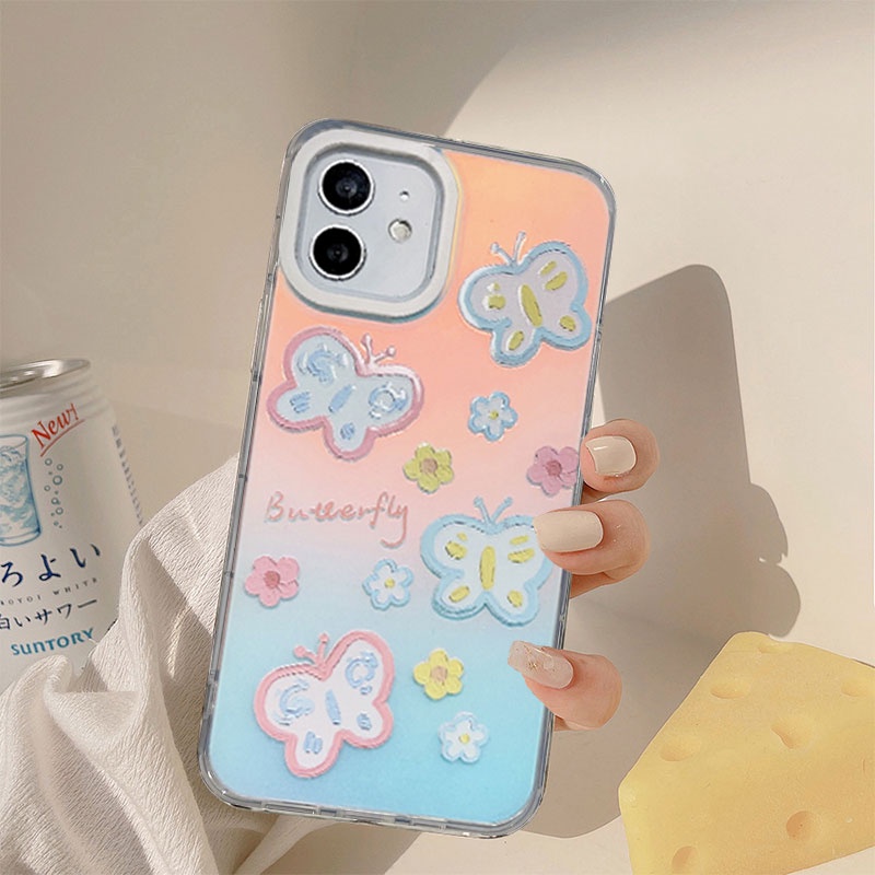 Compatible For IPhone 14 13 12 11 Pro Max X XR Xs Max 8 7 Plus SE 2020 Kompatibel Untuk Little Flower Butterfly IMD Laser Gradient Phone Case TPU Lembut Shockproof Cover Pelindung
