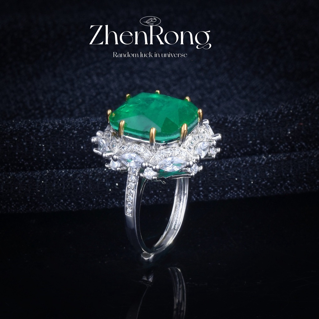 Goldkingdom Aksesoris Perhiasan Fashion Ready Stock Mewah Perak Natural Emerald Persegi Panjang Berlian Hijau Warna-Warni Harta Cincin Perempuan