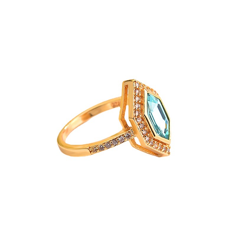 Goldkingdom Aksesoris Perhiasan Fashion Ready Stock Berbentuk Cincin Pertunangan Topaz Biru Navy Berlapis Dengan Pita Emas 18k