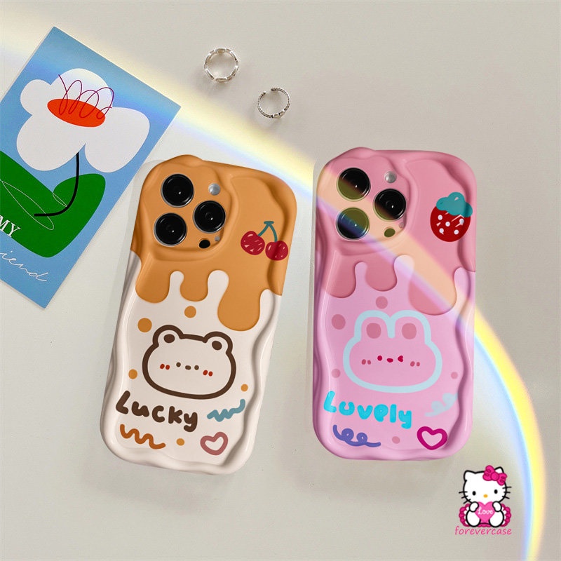 IPHONE Pasangan Soft Tpu Case Kompatibel Untuk Iphone11 13 14 12 Pro Max 7Plus 6s 7 6 8 Plus XR X XS Max SE 2020 3D Wavy Curved Edge Glossy Cherry Ice Cream Cute Bear Rabbit Cover