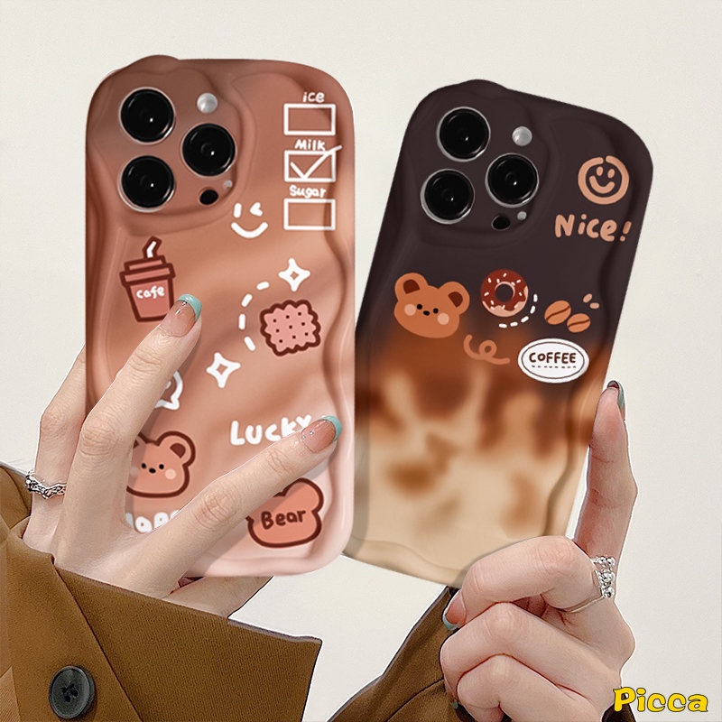 Casing Tepi Melengkung Bergelombang 3D Untuk Redmi 9A 10C 9T 9C 10 9 A1 10A 9C NFC A2 Redmi Note 11 10 8 9 11s 10s 10Pro 10 Pro Max Plus POCO M3 Kartun Beruang Lucu Kopi Donat Gradasi Lembut Sarung