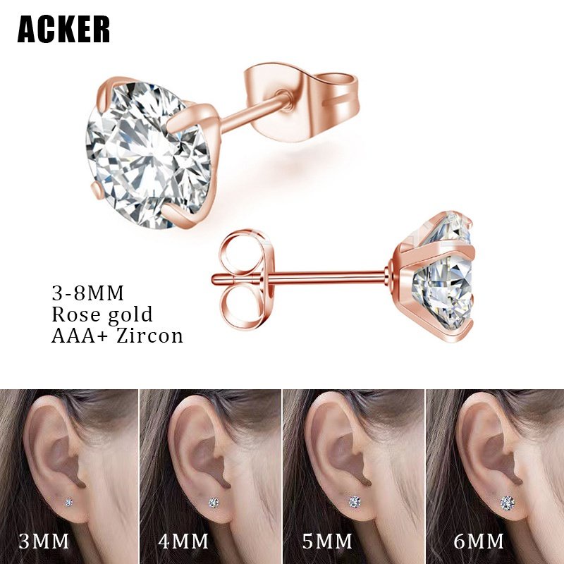 [ACKER] 3-8mm 1pasang Anting Tusuk Rose gold Cubic Zirconia Titanium Stainless Diamond AAA+Zircon Untuk Wanita/Pria