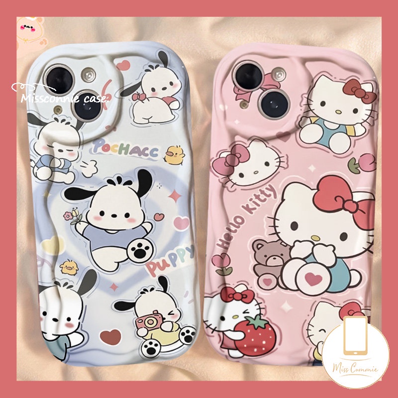 Kartun Pochacco Puppy Cute Hello Kitty Couple Case Untuk Realme C33 C21Y C21 C53 C55 C15 C25s C25Y C20 C35 C25 5s 9i 5 7i 5i 6i C3 C30 C31 C11 C20A C12 3D Tepi Bergelombang Melengkung Soft Case