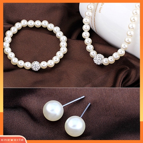 [ONE] Set Perhiasan Pernikahan Pengantin Wanita Kristal Mutiara Imitasi Kalung Gelang Anting