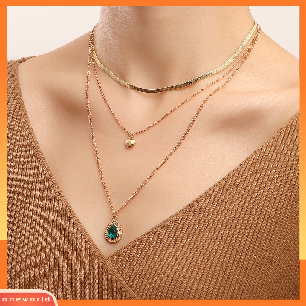 [ONE] Adjustable Ekstensi Rantai Jantung Liontin Wanita Kalung Permata Imitasi Liontin Multilayer Pesona Kalung Pesta Perhiasan