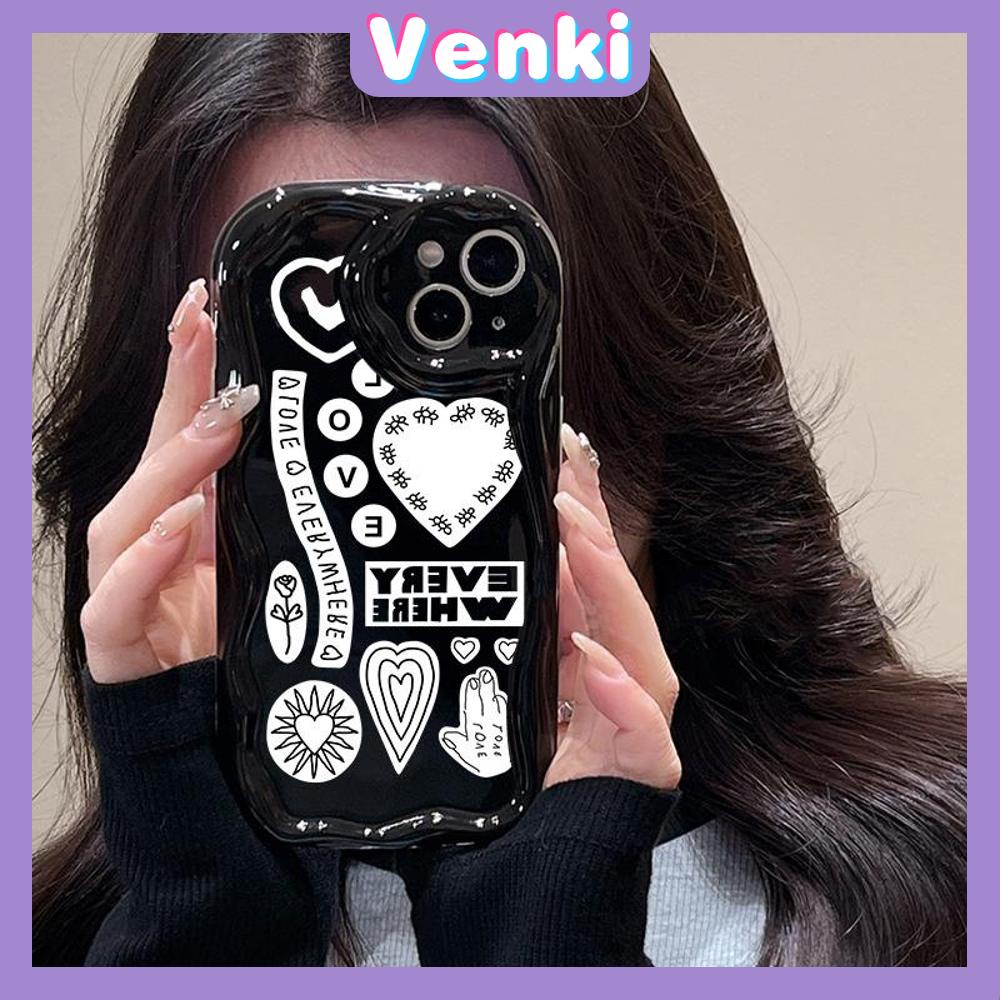 VENKI - Untuk iPhone 11 Case Curved Edge Wave Case Glossy Black TPU Airbag Shockproof Camera Case Surat Cinta Lucu Kompatibel dengan iPhone 14 13 Pro max 12 Pro Max xr xs 7Plus 8Plus