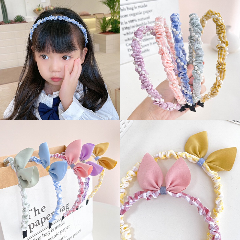 MMM Bando Scrunchie Korea Wanita Anak Perempuan Motif Kotak Kotak Bando Aksesoris Rambut Wanita Bando Pita Scrunchie Bando Lucu Bando Kerut Pita