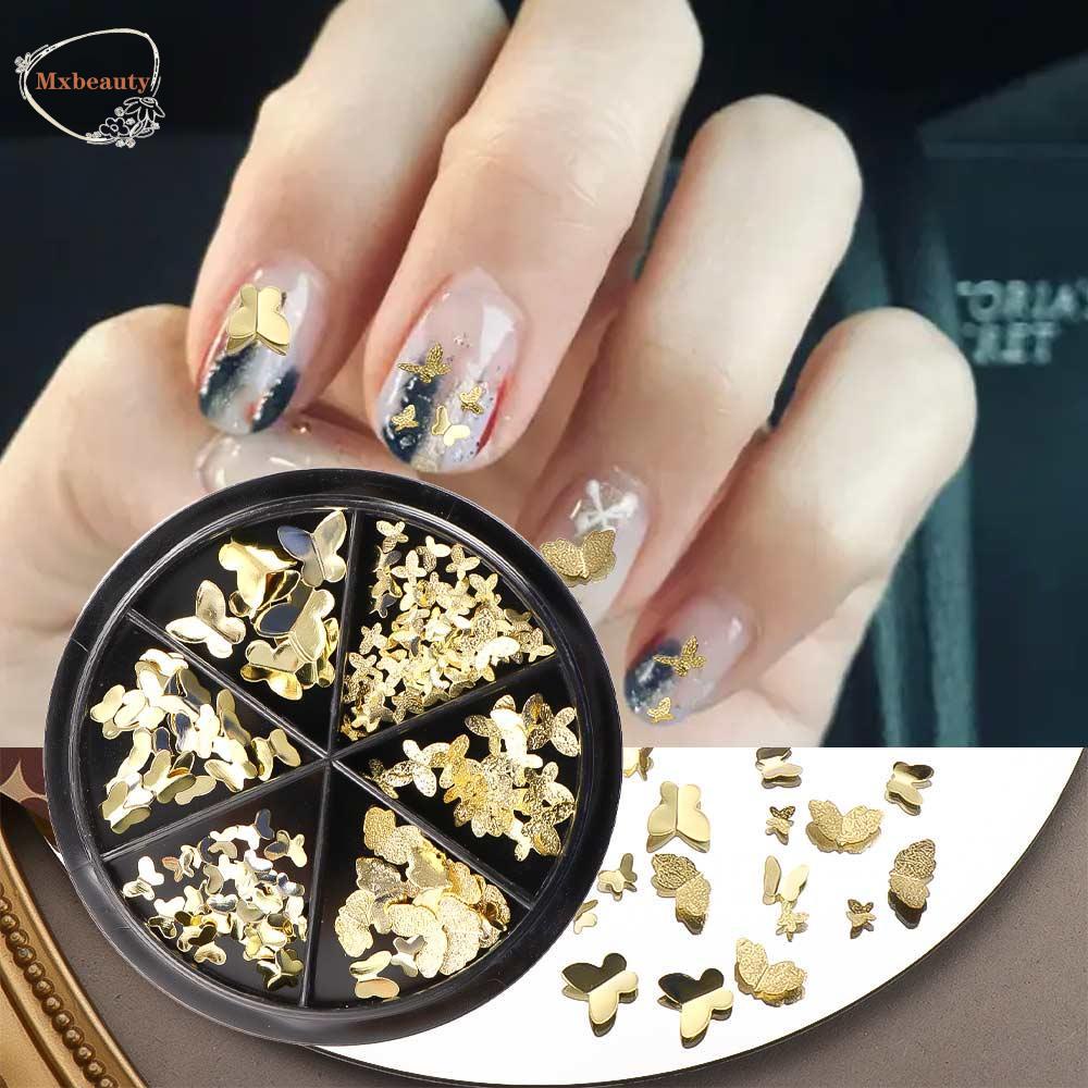 Mxbeauty Butterfly Nail Art Dekorasi Wanita Fashion Warna Emas Logam Kupu-Kupu Hiasan Kuku Ukuran Campur Perhiasan Kuku 3D