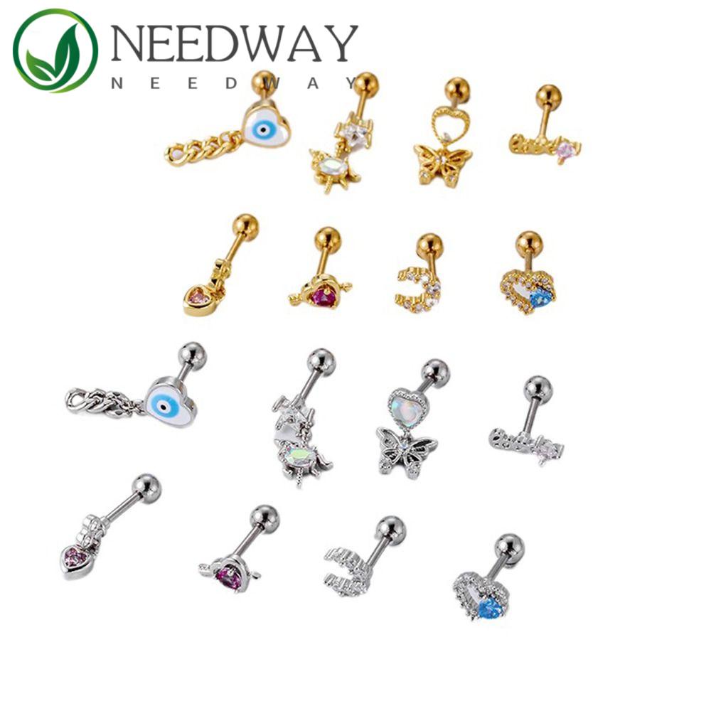 Needway   Bling Love Stud Earrings Manis Retro Desain Fashion Zirkon Telinga Stud Warna Solid Temperamen Lady Peri Telinga Tulang Kuku