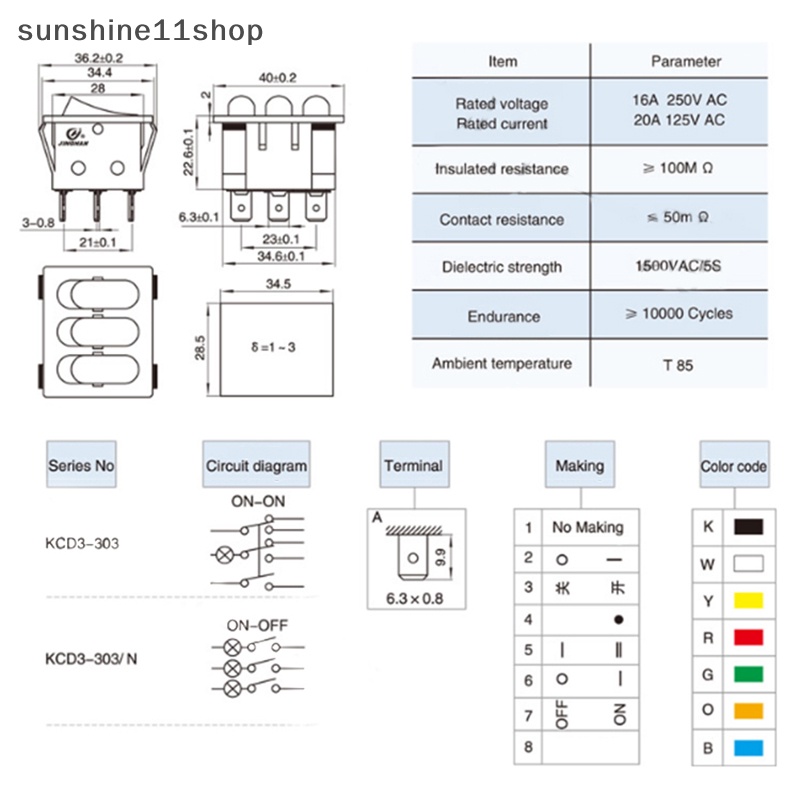 Sho Rocker Switch KCD3 Lampu Merah 3arah Saklar Hitam 9pin 2posisi ON-OFF/ON-ON 16A/20A 250/125V AC Triple Power Switch N