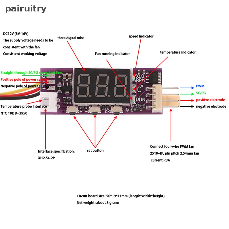 Prt Kecil 4kabel DC12V PWM Temperature Control Gubernur Digital Display Mendukung Shutdown Kipas Internal 3A PRT