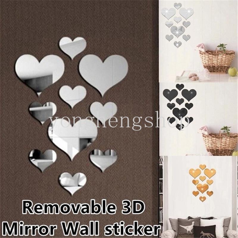 10pcs/set Cinta Hati Stiker Mural Decal Mirror-Surface Stiker Dinding DIY Dekoratif Stiker Akrilik Rumah Kamar Tidur Ruang Tamu Dekorasi Pesta Pernikahan Supply